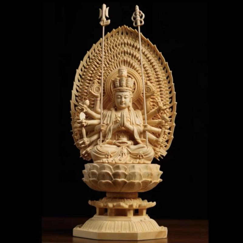 木彫り仏像 崖柏 御龍観音 千手観音 無垢材 精密彫刻 観音像 開運招福 厄除け 家内安全 祈願 縁起物 供養品 室内飾り 高級感 インテリア
