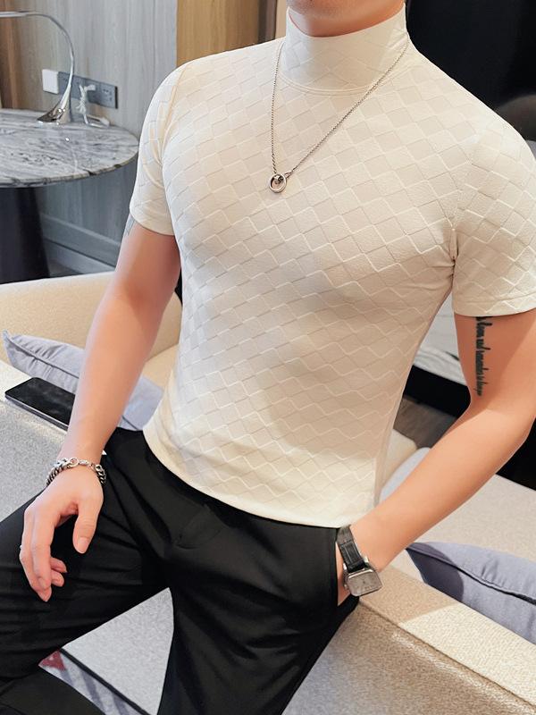 Tシャツ メンズ 男性用 春夏 半袖 菱形模様 アーガイル柄 モックネック ハーフネック スリムフィット 細身 ポリエステル 通気性 速乾 伸縮性 カジュアル デイリーユース トップス インナー