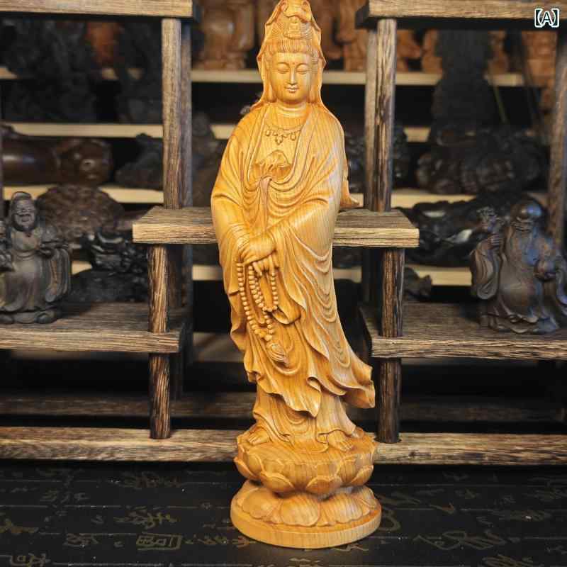 置物 観音菩薩像 崖柏 無垢材 木彫り 念珠観音 22センチ 微笑み 立ち姿 新中式スタイル 開運 縁起物 家庭用 室内 インテリア オブジェ リビング 玄関 飾り 6,775円