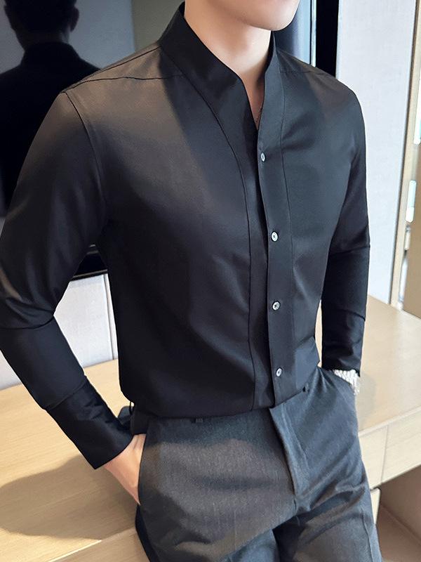 シャツ メンズ 男性用 春秋 長袖 ポリエステル混紡 形態安定 ノーアイロン ドレープ感 とろみ ストレートネック ボートネック 大人カジュアル 普段使い スリムフィット 細身 コーヒーブラウン ブラウン系 ホワイト ブラック