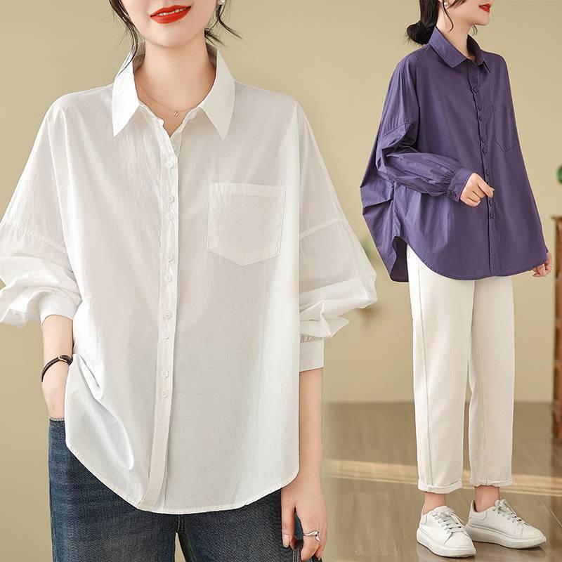 シャツ レディース 女性用 春夏 ピンタック ギャザー デザイン ゆったり オーバーサイズ 長袖 トップス ブラウス 着痩せ 細見え 上品 きれいめ 高密度コットン 丸首 クルーネック カジュアル パープル ホワイト