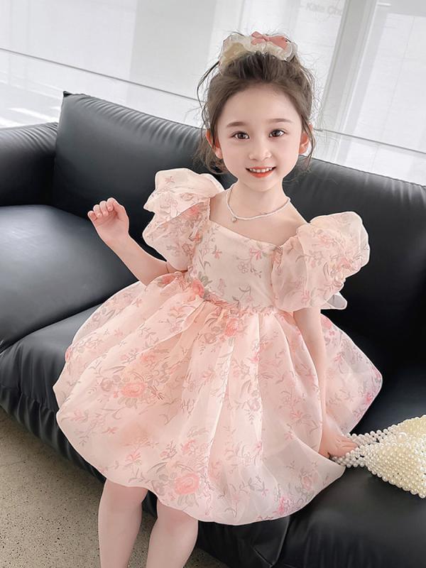 ワンピース 女の子 キッズ ベビー 夏 半袖 パフスリーブ 花柄 プリンセスドレス 誕生日 パーティードレス 発表会 フォーマル 上品 かわいい ポリエステル