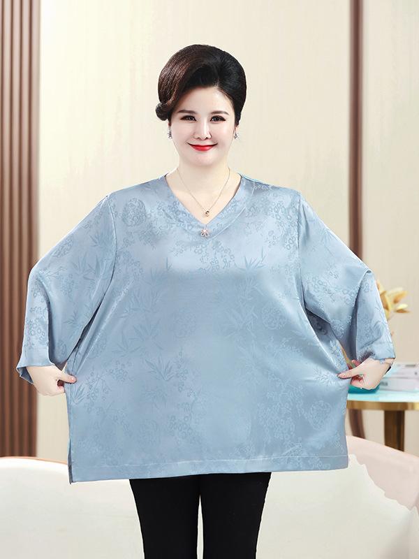 Tシャツ レディース 大きいサイズ ゆったり 中高年 ママ 七分袖 Vネック 花柄 プリント ポリエステル カットソー 通勤 オフィス エレガント 上品 パープル グレーブルー 春夏