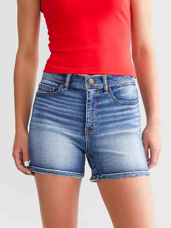 デニム ショートパンツ レディース 女性用 カジュアル スキニー スリムフィット ストレッチ 伸縮性 高弾力 ミドルウエスト ウォッシュ加工 夏 ブルー