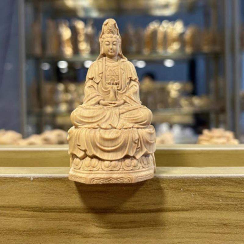 仏像 小葉黄楊木彫り 手彫り 蓮華座 浄瓶観音 観世音菩薩 ・委古調 精密彫刻 インテリア 飾り物 オブジェ リビング 供養 礼拝 祈願 招福 開運 癒やし