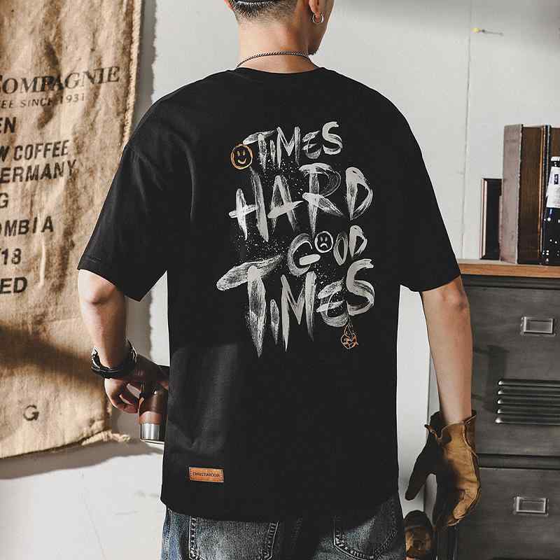 Tシャツ メンズ 黒 ブラック レトロ アメカジ 半袖 ゆったり ビッグシルエット 大きいサイズ 綿 コットン プリント クルーネック 抗菌 薄手 夏 カジュアル ストリート 普段使い