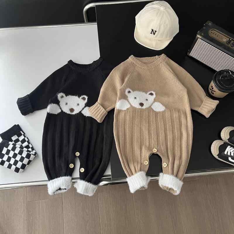 ロンパース ベビー 赤ちゃん 乳幼児 くま ベア キャラクター ニット アクリル セーター 長袖 カバーオール かわいい おしゃれ 韓国風 春秋 おでかけ 普段使い 男女兼用 ユニセックス