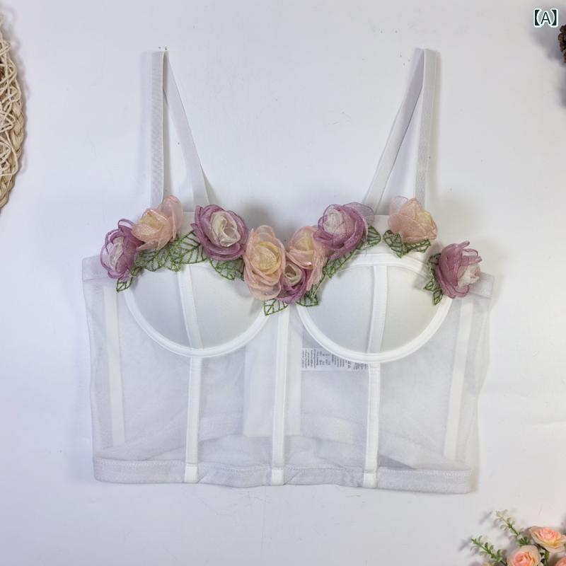 カップ付きトップス レディース 夏 ボヘミアン風 スウィート 花柄 立体モチーフ メッシュ素材 薄手 速乾性 ショート丈 ストラップ ブラトップ ビーチ リゾート レジャー