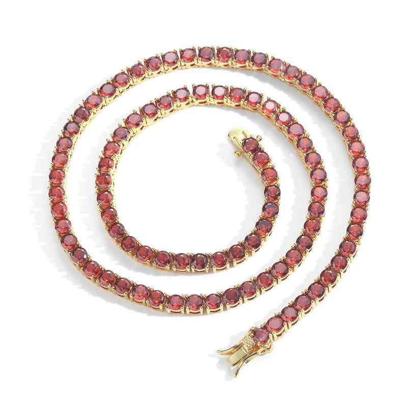 ネックレス 男女兼用 4mm レッド ジルコニア 一連 テニスチェーン ヒップホップ ストリートファッション 銅製 ゴールド シルバー 首飾り ユニセックス カジュアル モード 華やか 輝く
