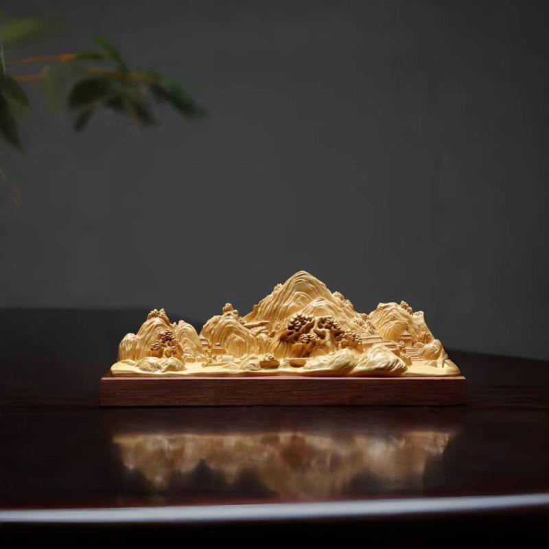 置物 ツゲ材 彫刻 千里江山図 筆置き ペンスタンド 山水画風 中華風 書斎用品 デスク飾り インテリア雑貨 手のひらサイズ