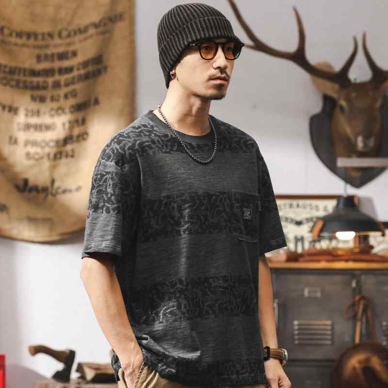 Tシャツ メンズ 男性用 高級感 スラブコットン 綿 トレンド テクスチャ ストライプ柄プリント 半袖 ゆったり ルーズ オーバーサイズ 丸首 ドロップショルダー 薄手 抗菌 春夏 カジュアル アメカジ 黒灰色 トップス