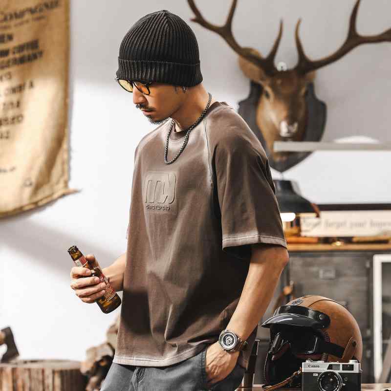 Tシャツ メンズ 春夏 レトロ ヴィンテージ 酵素洗い バイオウォッシュ ヘビーウェイト 厚手 コットン クルーネック 半袖 ドロップショルダー ルーズフィット ビッグシルエット アメカジ ストリート カジュアル 抗菌 イージーケア