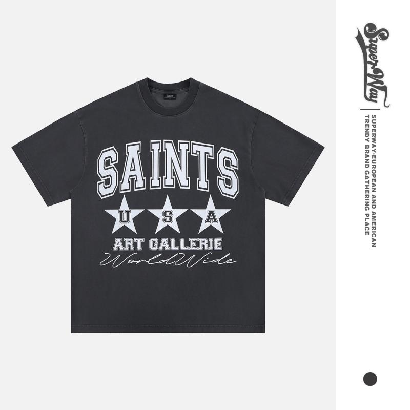 Tシャツ メンズ 春夏 ストリート系 レトロ ヴィンテージ ヘビーウェイト ウォッシュ加工 ビッグシルエット ドロップショルダー 丸首 アルファベットロゴプリント 綿 ダークグレー