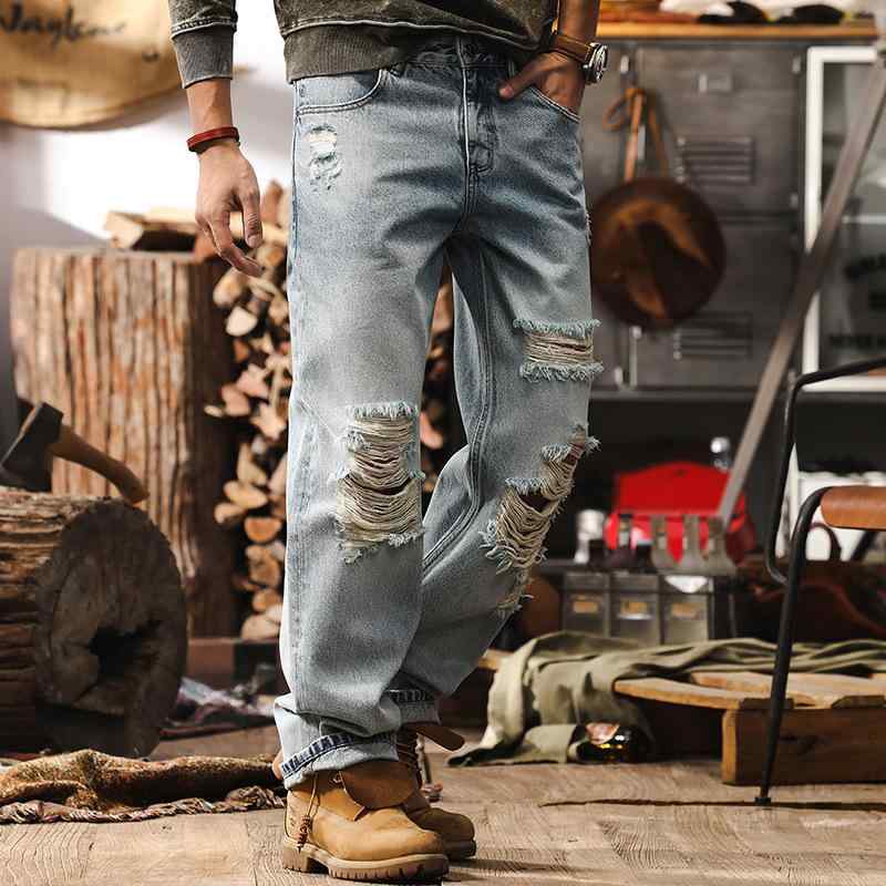 デニムパンツ メンズ 男性用 ストレート ロング丈 ウォッシュ加工 ダメージ クラッシュ アメリカン アメカジ ハイストリート レトロ ヴィンテージ コットン ミドルウエスト 5ポケット ライトブルー カジュアル 春秋
