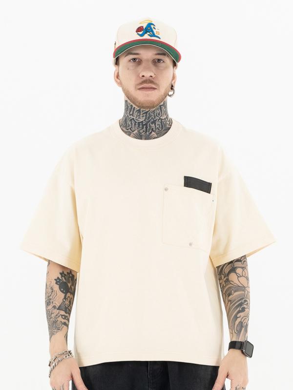 Tシャツ メンズ 定番 クラシック トライアングル刺しゅう フェイクレザーポケット ドロップショルダー 半袖 ゆったり オーバーサイズ クルーネック 綿 カジュアル ストリート 夏 アプリコット