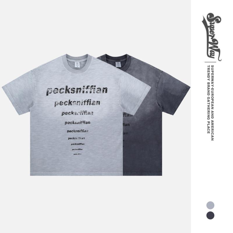 Tシャツ メンズ 春夏 欧米 アメリカンスタイル ぼかし ロゴ ゆったり ルーズフィット ストリート カジュアル 普段使い コットン クルーネック グレー系