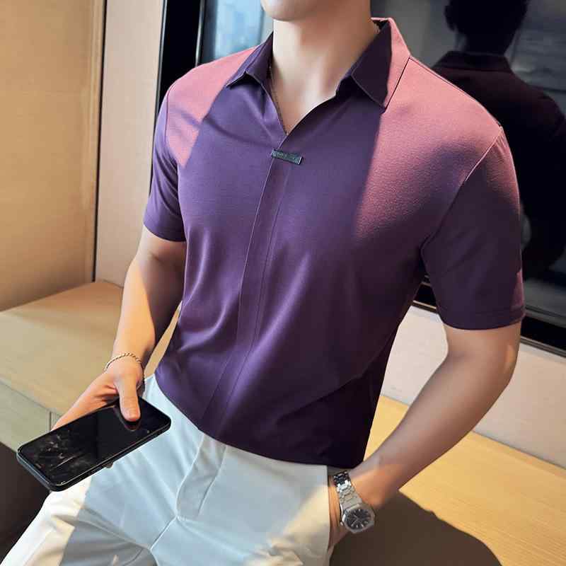 POLOシャツ メンズ 男性用 半袖 襟付き Vネック 接触冷感 伸縮性 高伸縮 ストレッチ なめらか ストレスフリー カジュアル 普段使い ゆったり ビッグシルエット ポリエステル 化学繊維混紡 夏 トップス