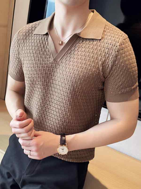ポロシャツ メンズ 男性用 春夏 半袖 ショートスリーブ スリムフィット 細身 通気性 速乾 メッシュ くり抜き ストレッチ 高伸縮性 コットンブレンド 綿混 チェック柄 カジュアル 普段使い 韓国ファッション トップス