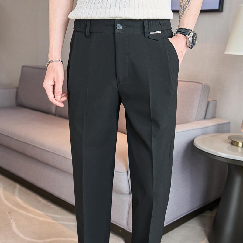 スラックス メンズ 男性用 春夏 薄手 軽量 ストレッチ スリムストレートパンツ ウエストゴム 楽ちん ビジネス カジュアル ポリエステル混紡 ボトムス ブラック カーキ 上品