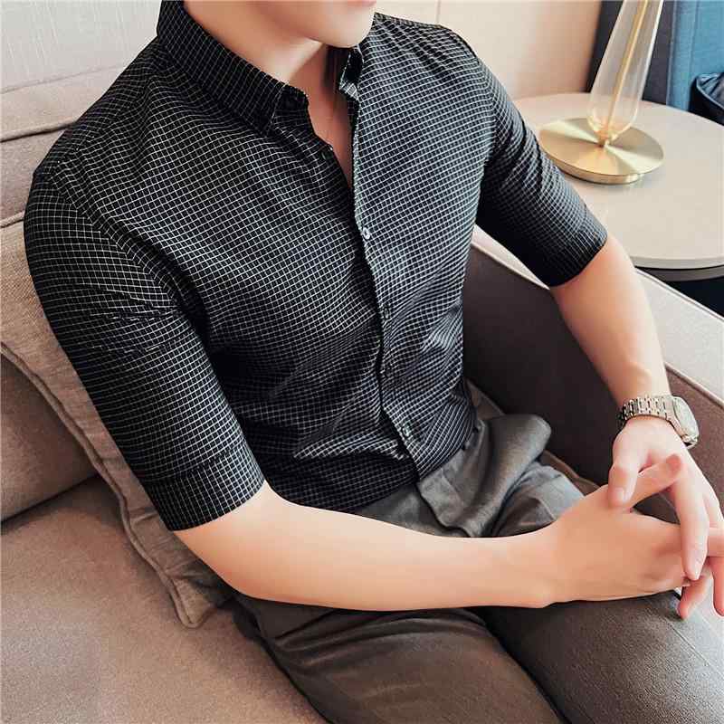 シャツ メンズ 男性用 春夏 小千鳥格子柄 チェック柄 半袖 スリム レギュラーカラー ビジネスカジュアル 軽ビジネス 普段使い 韓国ファッション ポリエステル 化繊混紡 色落ちしにくい ホワイト ブラック
