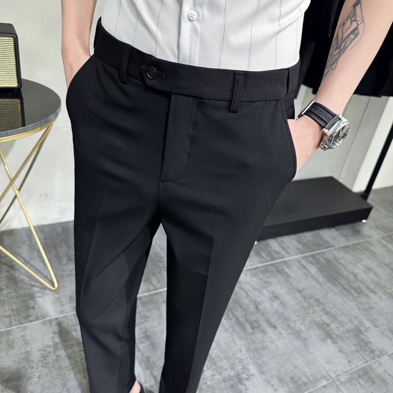 スラックス 男性用 春夏 ポリエステル混紡 伸縮 ストレッチ 無地 ストレート スリムフィット ビジネス カジュアル オフィス 着回し ブラック グレー ネイビー 高級感