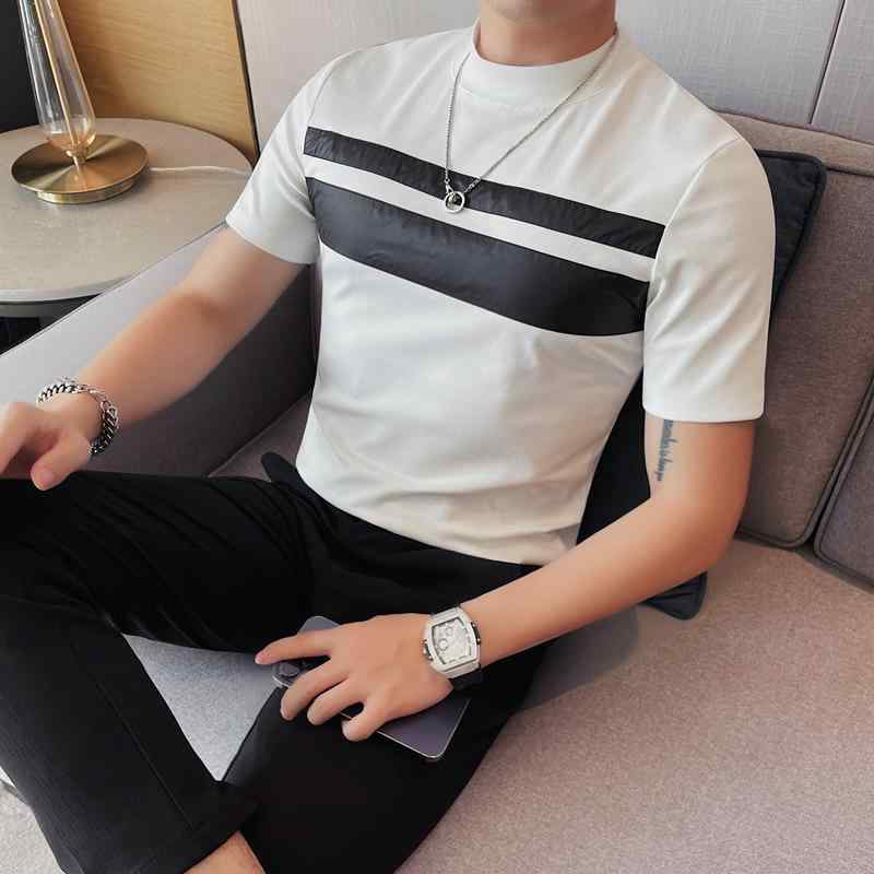 Tシャツ メンズ 男性用 半袖 モックネック アップリケ パッチ スリムフィット 綿 コットン 伸縮性 ストレッチ 春夏 カジュアル 普段使い ブラック ホワイト トップス インナー