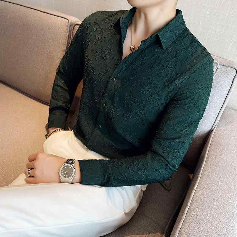 シャツ メンズ 男性用 韓国ファッション ジャガード織り スリムフィット 長袖 クール スタイリッシュ きれいめ 大人カジュアル 薄手 ポリエステル 春夏