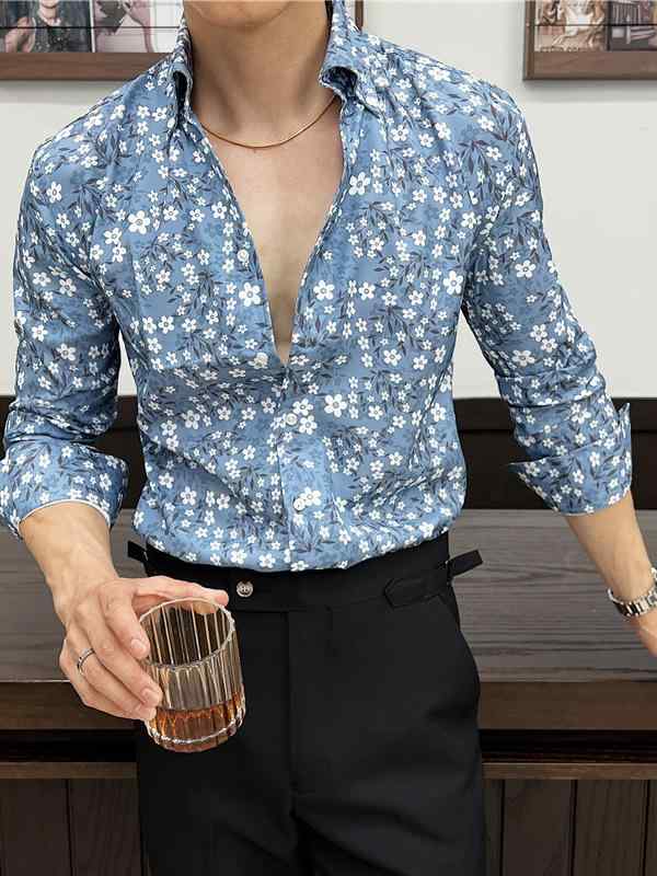 シャツ メンズ 男性用 春秋 形態安定 ブリティッシュ スタイリッシュ 都会的 小花柄 ボタンダウン スリムフィット 長袖 ポリエステル カジュアル 普段使い