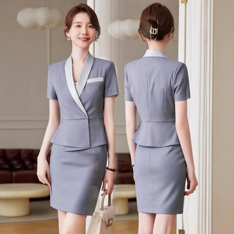 スカートスーツ レディース 夏 高級感 オフィス ビジネス 制服 ホテル フロント 接客 ジャケット ショート丈スカート ポリエステル ビスコース 三分袖