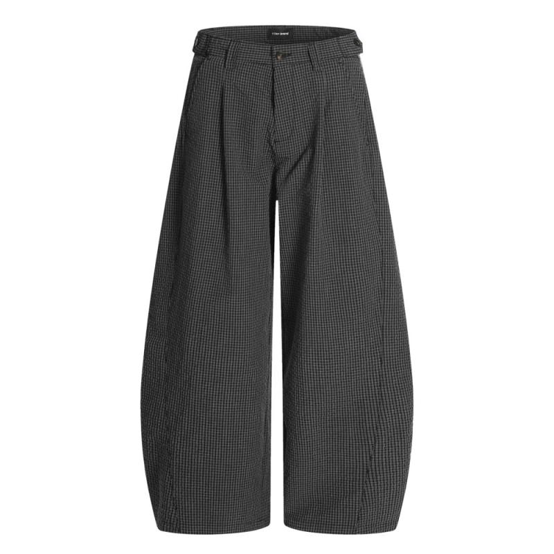 パンツ メンズ ルーズシルエット ワイドレッグ カーブデザイン バナナシルエット シワ加工 チェック柄 カジュアル ストリート アメカジ ジョガー ロング丈 イージーケア ポケット付き ブラック