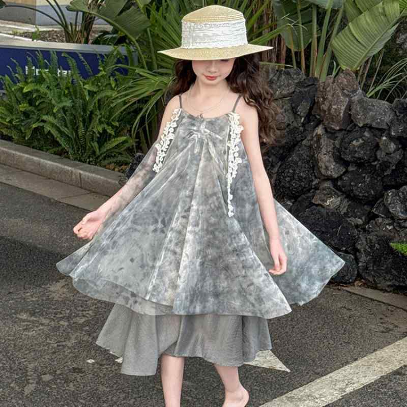 ワンピース ジュニア 女の子 キャミソール ドレス 水墨画柄 かわいい プリンセス おしゃれ 春夏 綿混 普段着 お出かけ リゾート 快適 涼しい