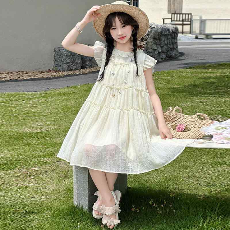 ワンピース 女の子 キッズ 夏物 ロング丈 フリル袖 フリル プリンセスライン かわいい おしゃれ コットン ポリエステル やわらか素材 ベージュ ライトブルー