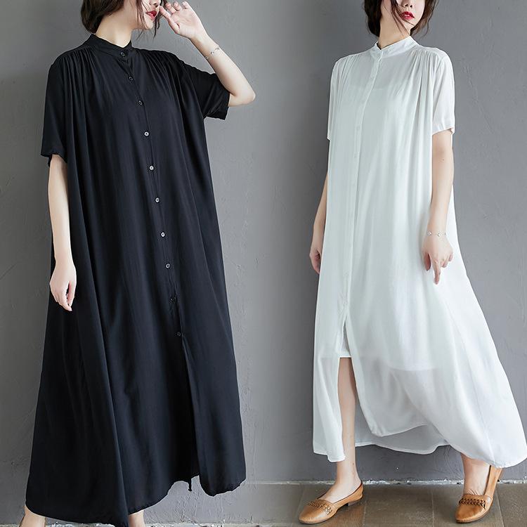 シャツワンピース レディース 大きいサイズ ぽっちゃり 体型カバー 着痩せ お腹周りカバー テンセル綿 吸湿速乾 さらさら 春夏 ゆったり リラックスフィット ロング丈 フレア 通勤 きれいめ カジュアル 黒 白