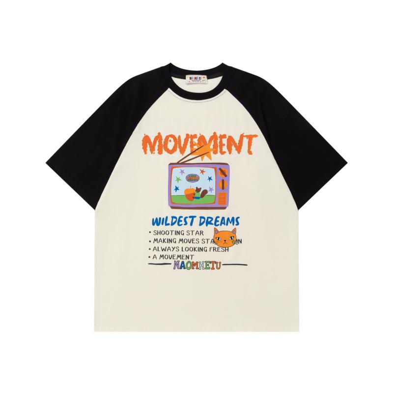 Tシャツ メンズ アメリカンレトロ アメカジ 配色切り替え テレビプリント 遊び心あるデザイン 半袖 ビッグシルエット ゆったり コットン カジュアル ペアルック 着回し抜群 春夏