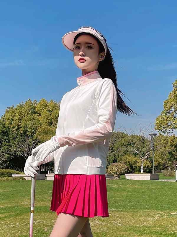ゴルフウェア レディース 女性用 スポーツ 薄手 速乾 スタンドカラー 長袖 トップス アウター ジャケット 韓国風 着回し ポリエステル ピンク