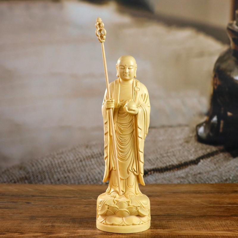 置物 黄楊木彫刻 地蔵菩薩 仏像 菩薩像 縁起物 開運 卓上 オフィス 書斎 デスク インテリア 新中華風 禅スタイル 和モダン 装飾品 オブジェ ギフト プレゼント