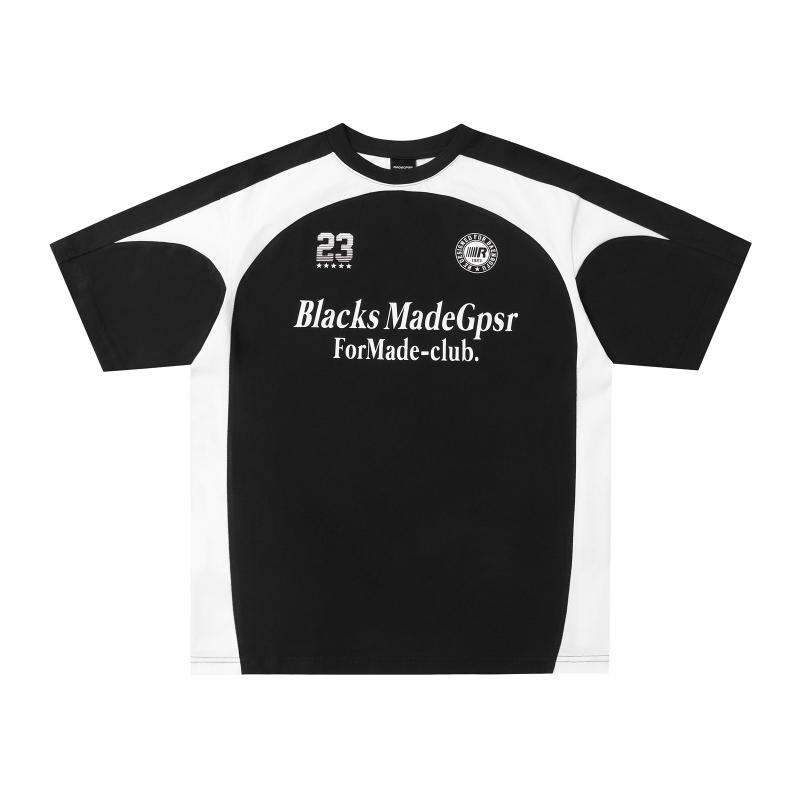Tシャツ ユニセックス 半袖 アメリカンカジュアル ストリート 配色 切り替え レター プリント ゆったり ルーズフィット カジュアル 普段使い トップス 春夏 コットン クルーネック ブラック ブルー