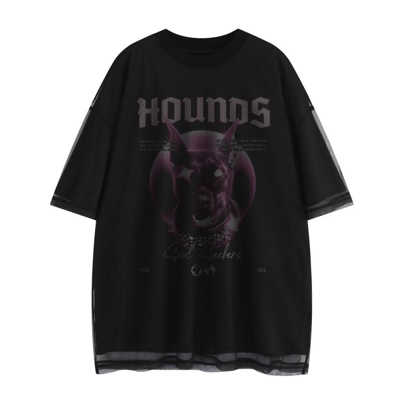 Tシャツ 男女兼用 アメリカンストリート ダーク系 ゴシック グラフィックプリント メッシュ 二重構造 ラウンドネック 半袖 ゆったり ビッグシルエット 普段使い カジュアル ポリエステル 夏 ブラック トップス