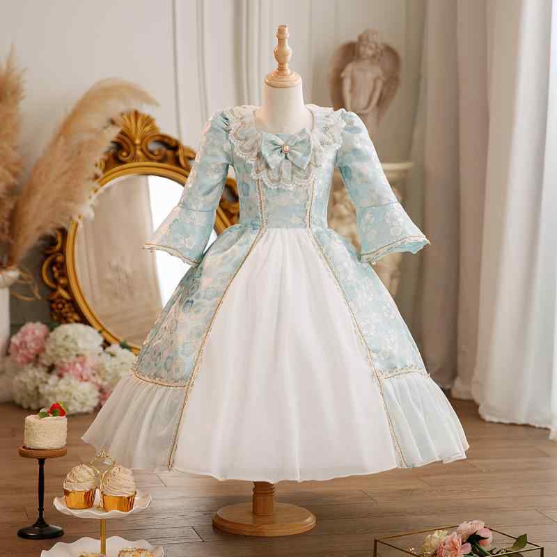 キッズドレス ロシアプリンセス お姫様 宮廷服 舞台衣装 発表会 イベント 誕生日 記念撮影 フォーマル 幼稚園 ライトブルー ポリエステル