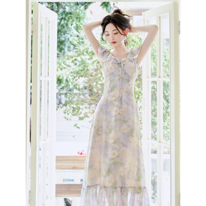 ワンピース レディース 夏 上品 着痩せ フリルスリーブ 小花柄 デイジー柄 裾フリル オフショルダー ハイウエスト ロング丈 デザイン性 レトロ ヴィンテージ ポリエステル ファスナー リラックス ティータイムドレス
