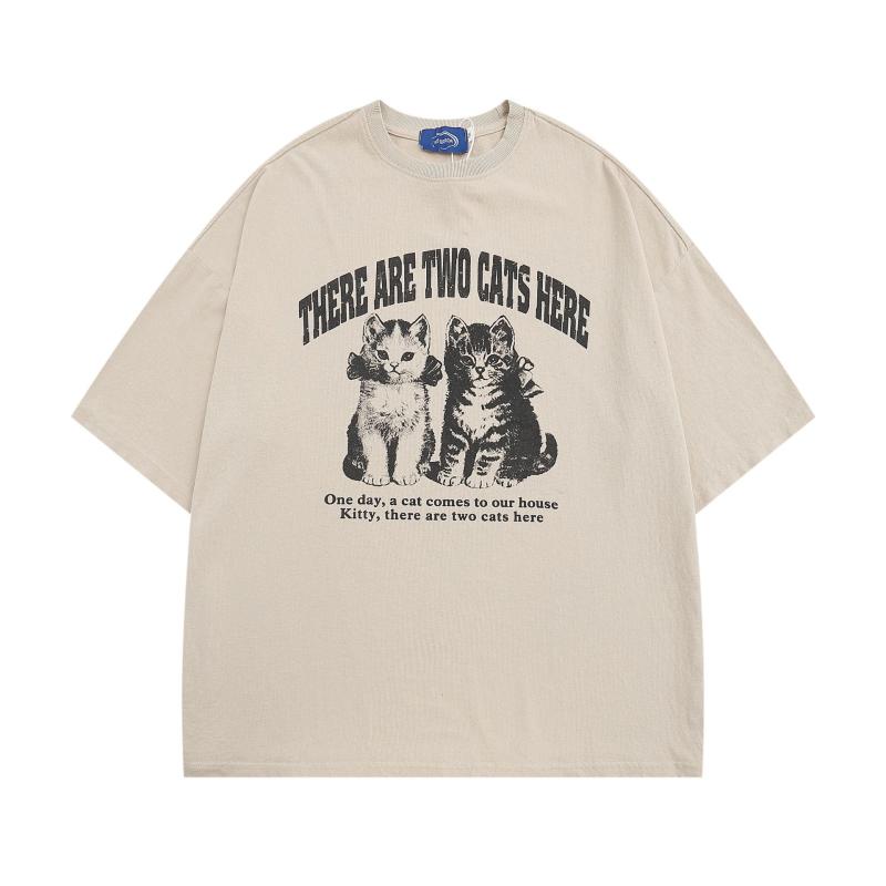 Tシャツ メンズ レディース アメカジ レトロ ヴィンテージ ウォッシュ加工 ユーズド加工 猫 ネコ グラフィックプリント 半袖 ゆったり オーバーサイズ クルーネック 綿 カップル ペア ストリート カジュアル 春夏 アプリコット ウォッシュブ