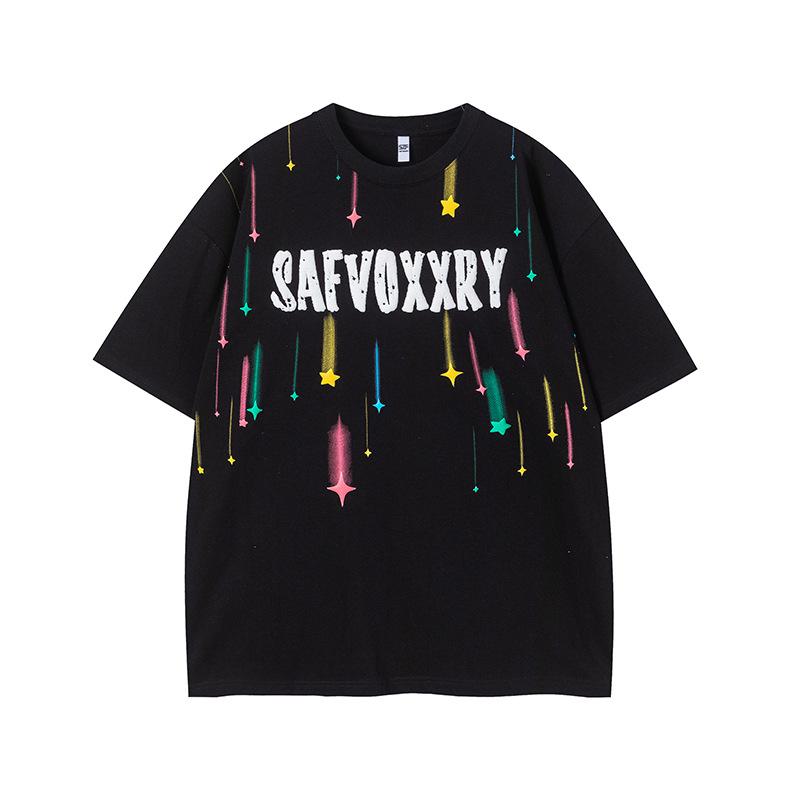 Tシャツ メンズ レディース アメカジ ストリート レター スター 発泡プリント 半袖 ゆったり オーバーサイズ クルーネック ペアルック コットン 通気性 夏物 ブラック ベージュ