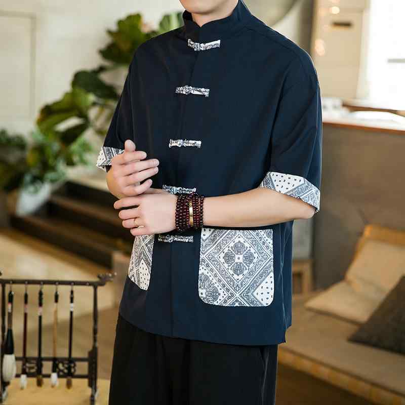 シャツ トップス メンズ 春夏 半袖 綿麻 薄手 切り替え 中華風 チャイナボタン 唐装 漢服 茶服 居士服 カジュアル 普段使い リラックスウェア ピンク レッド カーキ ネイビー