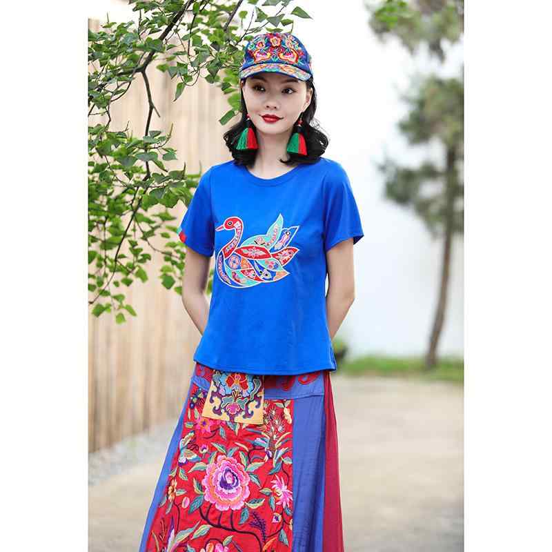 Tシャツ レディース 夏 民族風 刺・墸 白鳥 スワン 綿 コットン 半袖 ショートスリーブ 無地 丸首 クルーネック スリムフィット 普段使い 通勤 着回し トップス ホワイト ブラック ロイヤルブルー