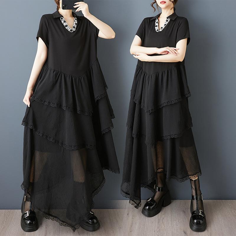 ワンピース レディース 春夏 ゆったり ルーズ Vネック アシンメトリー 切り替え シフォン 上品 エレガント デザイン 黒 ブラック 高見え 大きいサイズ ロング丈 通勤