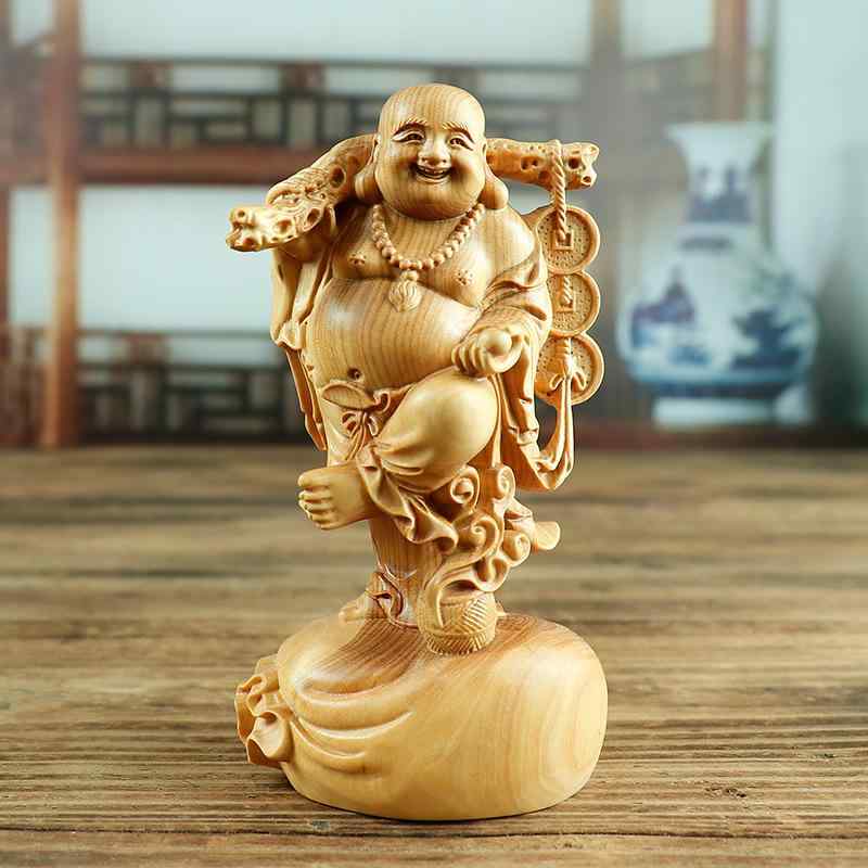 木彫り置物 黄楊木 柘植 弥勒仏 布袋様 掌サイズ オブジェ 仏像 縁起物 金運 開運祈願 玄関 リビング 和室 インテリア 飾り ギフト｜あじゅり 8,055円