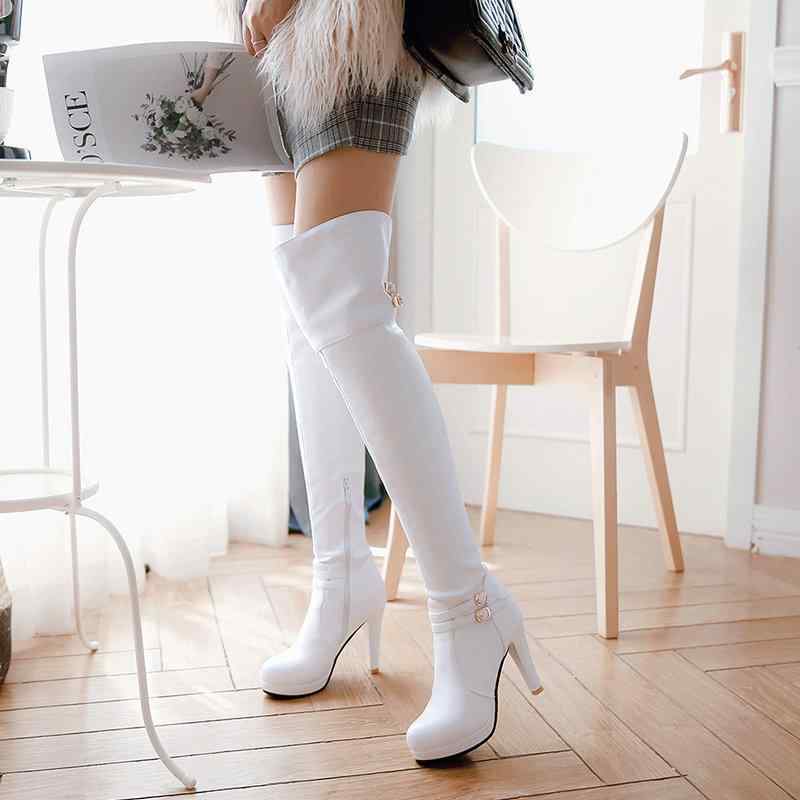 ブーツ レディース 女性用 秋冬 ニーハイブーツ ロングブーツ ハイヒール チャンキーヒール プラットフォーム 厚底 ラウンドトゥ サイドジップ 合成皮革 PUレザー カジュアル 無地 美脚 ホワイト ブラック ベージュ