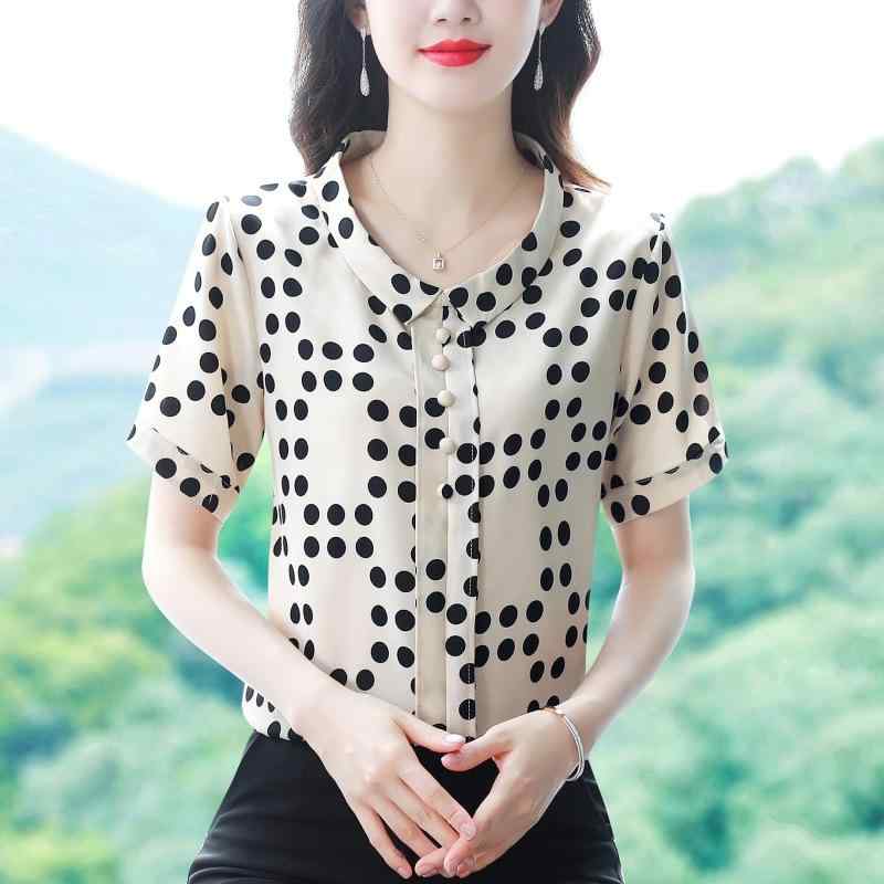 ブラウス レディース ドット柄 半袖 シフォン ポロ襟 ゆったりシルエット 高級感 プルオーバー 夏 上品 通勤