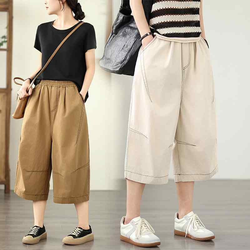 パンツ レディース 春夏 七分丈 ストレート クロップド カジュアルパンツ ボトムス レトロ シンプル ゆったり 大きいサイズ ぽっちゃりさん 体型カバー 着痩せ 薄手 ホワイト カーキ ノンストレッチ 平織り