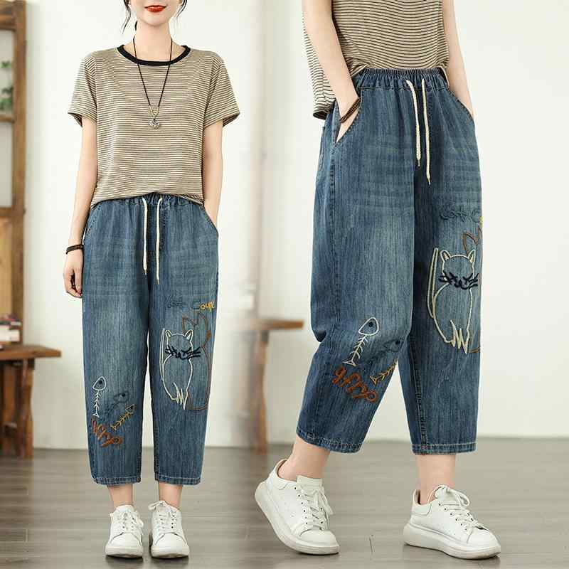 パンツ レディース 女性用 春夏 クロップド丈 八分丈 ハーレムパンツ サルエルパンツ ゆったり ルーズ 大きいサイズ カジュアル リラックス レトロ ウエストゴム ゴムウエスト デニム ジーパン 綿 刺繍 ブルー